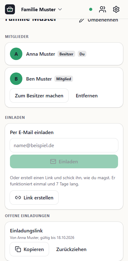 Die Familienseite mit zwei Mitgliedern und einem offenen Einladungslink