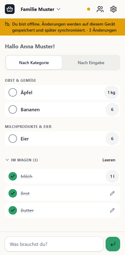 Die Liste offline, mit einem Hinweis auf drei Änderungen, die noch synchronisiert werden